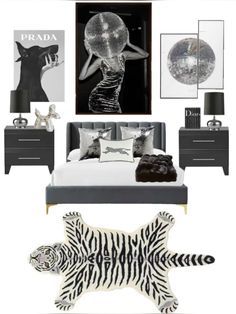 a black and white bedroom with zebra print rug, bedding, nightstands, mirror ball