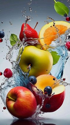 apples, oranges, blueberries and cherries are splashing into the water