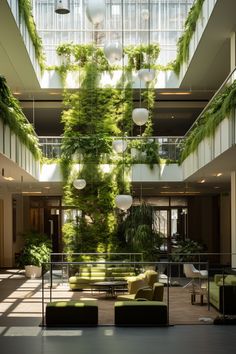 an indoor living area with plants growing on the walls and ceiling, surrounded by glass balconies