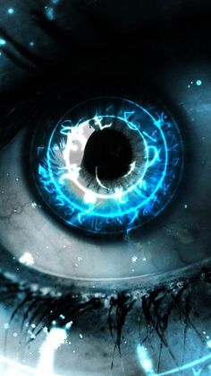 an eye is shown with blue lights in the iris