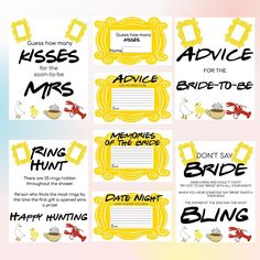 four yellow and black wedding advice cards