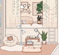 the room is decorated in pastel colors and has a teddy bear sitting on a pillow