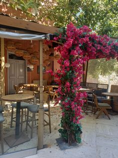 pink flowers are growing up the side of a building in front of tables and chairs