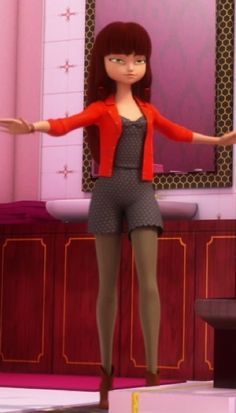 an animated woman standing on top of a table in front of a mirror and sink