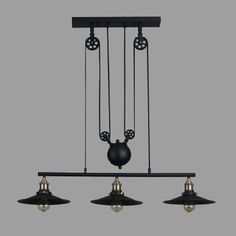 three lights are hanging from the ceiling in an industrial style kitchen island light fixture with black shades