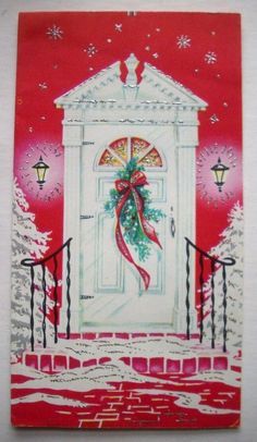 a red and white christmas card with a door