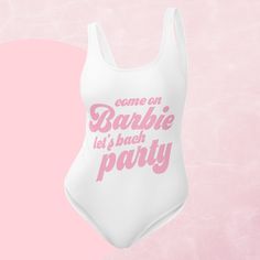 Barbie Bachelorette theme cheeky one piece with a stylish low-cut back💗 * 82% Polyester, 18% Spandex * Fabric weight: 6.78 oz/yd² (230 g/m weight may vary by 5% * Chlorine-resistant fabric * Cheeky fit with a scoop neckline and a low scoop back * Zig-zag stitching * Double-layer front  * Four-way stretch material stretches and recovers on the cross and lengthwise grains Pink Swimsuit Bachelorette Party, Barbie Beach Bachelorette, Country Barbie Bachelorette, Pink Swim Bachelorette, Barbie Bachelorette, Original Barbie Swimsuit, Bachelorette Party Bride, Bachelorette Themes, Spandex Fabric