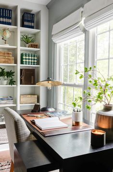 a home office with bookshelves and plants in the window, along with a desk