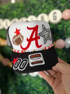 For all the Alabama Tide Girlies! This hat is perfect for showing off your school colors at rush week, football games or covering up early-morning-class hair!  Show off your style with this precious hat.  Need to represent YOUR college? Want it on a different color hat? Want to switch out the chain? All our hats are totally customizable, so message us to request custom colors or patches. We can build a custom listing just for you! Collegiate Trucker Hat With Letter Print For College, Collegiate Letter Print Trucker Hat For College, Game Day Team-colored Trucker Hat With Letter Print, Team-colored Trucker Hat With Letter Print For Game Day, Game Day Sports Fan Hats With Letter Print, Sports Fan Hat With Letter Print For Game Day, Letter Print Snapback Hat For Fan Gear, School Spirit Cap For Game Day, School Spirit Sports Cap