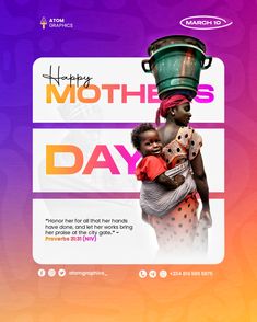 a picture of a mother and a child walking in a purple and orange background with white lines and a Happy mother Day's text with a Bible verse Happy Mothers Day Poster, Socmed Design