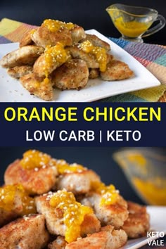 orange chicken with low carb and keto is shown in two different pictures, one has