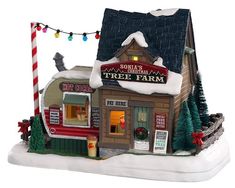 a christmas scene with a tree farm store and candy cane in the foreground, on a white background