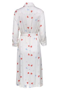 You'll fall in love with this dress from Tucker! With a multicolored heart print, this dress is perfect for a Valentine's (or Galentine's!) Day brunch. Pair it with pastel heels and a denim jacket and you'll have everyone looking like the heart eyes emoji. Size M Buttons down front Unlined Sheath shirt dress w/ waist tie Collared Long sleeves w/ cuffs Features red, blue and pink heart design Bust 40" Waist 40" Shoulder to hem 49" Pastel Heels, Heart Eyes Emoji, Eyes Emoji, Heart Eyes, Cream Dress, Heart Print, Heart Design, Pink Heart, Waist Tie