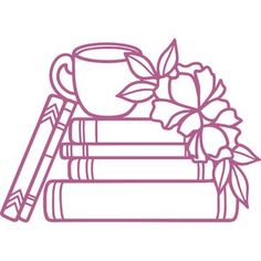 a stack of books with a rose and a cup on top, next to some pencils