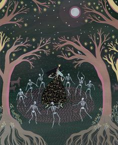 a painting of skeletons dancing in the woods at night with stars and moon above them