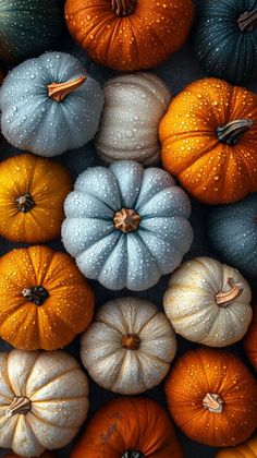 pumpkins with water droplets on them are arranged in a pyramid pattern, all different colors and sizes