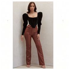 House Of Cb Inaya High Waist Faux Leather Vegan Pants In Brown Size L Very Good, Like New Condition No Notable Flaws Or Wear Measurments In Images Details They Hug The Butt For That Perfect Peachy Fit And The Waistband Sits At The Natural Waist. Softly Lined For A Smooth Comfortable Fit That Avoids The Dreaded 'Sticky Fit' Of Other Vegan Leather Trousers. Stretch Factor: 2/3 No Trades Reasonable Offers Welcome! Ships In 1-2 Biz Days Brown Tan High Waist Rise Stretchy Sexy Vegan Creuelty Free Full Length London Long Sleeve Corset Top, Black Velvet Blouse, Bubble Sleeve Top, Velvet Corset, Corset Blouse, Velvet Blouses, Puff Long Sleeves, House Of Cb, Straight Trousers