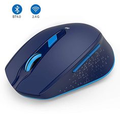 the wireless mouse is blue and has two buttons on each side, with an arrow in the middle