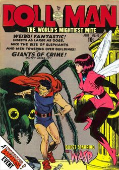 an old comic book cover featuring a woman and a man in front of a giant spider