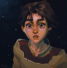 a digital painting of a young boy staring at the camera with stars in the background