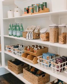 an organized pantry with lots of food and drinks