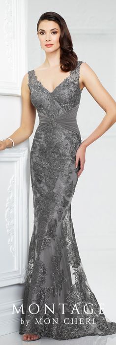 Formal Evening Gowns by Mon Cheri - Fall 2017 - Style No. 217942 - smoke gray sleeveless metallic lace and tulle fit and flare evening dress Montage By Mon Cheri, Lace Gown Styles, Sheath Gown, Chique Outfits, Evening Gowns Formal, Groom Dress