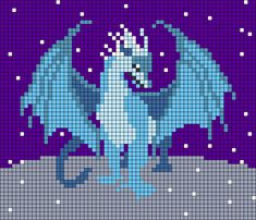 a pixellated image of a blue dragon on a purple background with snow flakes