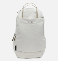 a white backpack with zippers on the front and side pockets, sitting against a white background