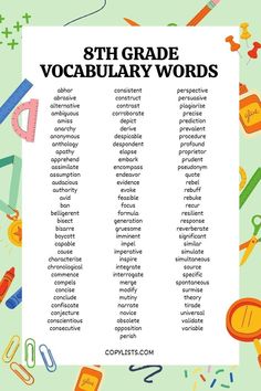 A list of words for 8th graders. The background is full of cartoon school supplies. The link leads to a list that is readable by screen readers. 8th Grade Spelling Words, 8th Grade English, Commonly Misspelled Words, Spelling Words List, Misspelled Words, Teaching Spelling, New Vocabulary Words, Grade Spelling