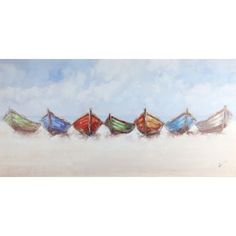 a painting of five boats in the sand on a cloudy day with blue sky and white clouds