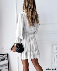 Olivia Mark - Flattering Ruffled Hemline Chiffon A-Line Dress with Plunge Neck Long Sleeve Chiffon Dress, Lantern Sleeve Dress, Chiffon Mini Dress, Mini Dress Fashion, Chic Type, Dress 2024, Elegant Dresses For Women, Chiffon Long Sleeve, Line Dress