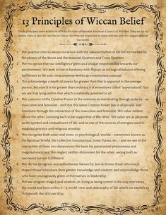 an old parchment paper with the words 12 principals of wiccan beleff