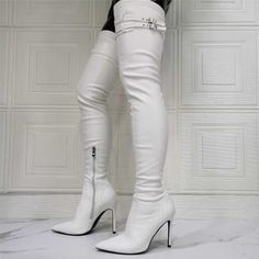 1 White Thigh High Boots, White Thigh Highs, Winter Shoes Boots, Thigh High Heels, Women's Over The Knee Boots, Leather Thigh High Boots, Thigh High Boots Heels, Womens Stilettos, Stiletto Boots