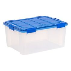 a plastic storage box with blue lid and dividers on the bottom is shown in front of a white background