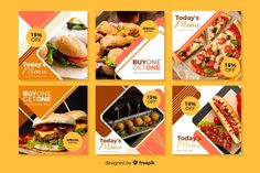 four different food instagrams on yellow and orange background with images of burgers, pizza