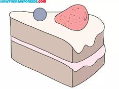 a piece of cake with frosting and strawberries on top is shown in this drawing