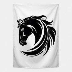 a black and white horse head with long manes