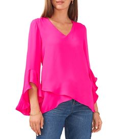 Vince Camuto 3/4 Flutter Sleeve V-Neck Crisscross Front Tunic | Dillard's Georgette Tunics, Flutter Sleeve Blouse, Womens Tops Dressy, Blouse Nordstrom, Flutter Sleeve Top, Plus Size Top, Pink Blouse, Dillard's, Flutter Sleeves