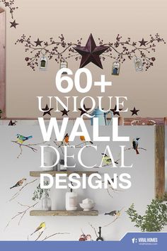 an advertisement for wall decor with birds and stars on the ceiling, in front of a window