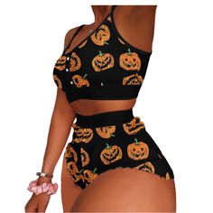 PRICES MAY VARY. Comfortable and Flattering Fit: Made from 100% polyester, the slim fit and bodycon design ensure a flattering and comfortable wear. The elastic waistband on the shorts provides a secure fit, while the ruffle hems add a playful touch. Perfect for Halloween and Beyond: This women & teens girls Halloween 2 piece outfit features a fun and festive print with pumpkins, ghosts, bats, witches, spiderwebs, moons, stars, letters, candy, and haunted houses, making it ideal for Halloween pa Women Long Cardigan, Streetwear Jackets, Womens Pajama Shorts, Womens Sleeveless Tops, Evening Dresses For Weddings, Sweater Vest Women, High Waist Shorts, Women Halloween, Pumpkin Print