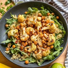 a black bowl filled with cauliflower and chickpeas