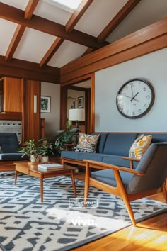 a living room filled with furniture and a clock on the wall