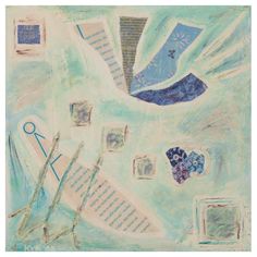 an abstract painting with scissors and other items on the ground in pastel blue tones