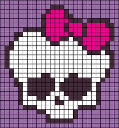 a cross stitch skull with pink bows on it's head is shown in purple and white