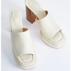 Beautiful Brand New Summer Slip On Sandals In White!! Never Worn, In The Box! Material: Faux Leather Heel Height: 4.25" Platform Height: 1.5" Metallic Gold Heels, Cognac Sandals, Coral Sandals, Soft Sandals, Tie Up Sandals, Fab Shoes, Ankle Strap Block Heel, Boho Sandals, Kitten Heel Sandals