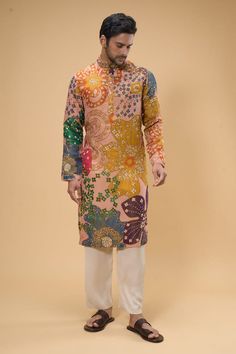 Peach kurta with all over abstract floral print, embellished by beads and pearls. Comes with pant. - Aza Fashions Beaded Neckline, Abstract Floral Print, Floral Abstract, Kurta With Pants, Fashion App, Pants Pattern, Modern Bride, Mandarin Collar, Abstract Floral