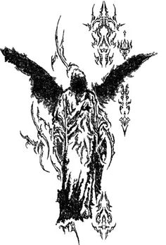 an angel with wings and flames on it's back, in black ink against a white background