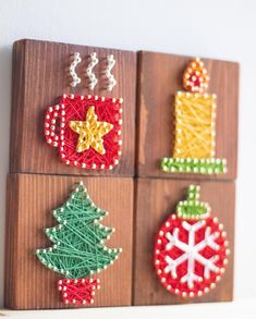 string art christmas ornaments on wooden blocks