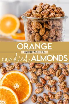 orange candied almonds with text overlay