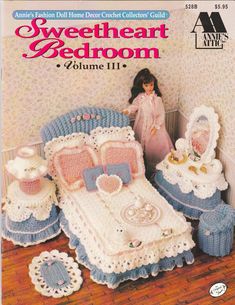 an old fashioned crochet doll bed and furniture set in the style of sweet heart bedroom